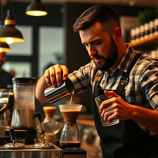 A barista carefully pouring a cup of coffee at The Daily Grind.