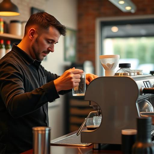 A barista expertly crafting a cup of coffee behind the counter at The Daily Grind.