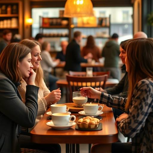 A group of people having a casual meeting at The Daily Grind, seated around a large table with coffee cups and pastries.