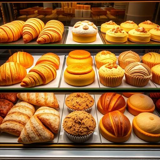 Display case filled with assorted freshly baked pastries including croissants, muffins, and scones.