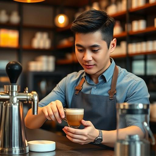 Samuel Kim, Head Barista, expertly preparing a latte.